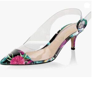 XYD Pink Plant Transparent Slingback Kitten Heels Pumps Pointed Toe PVC Sandals